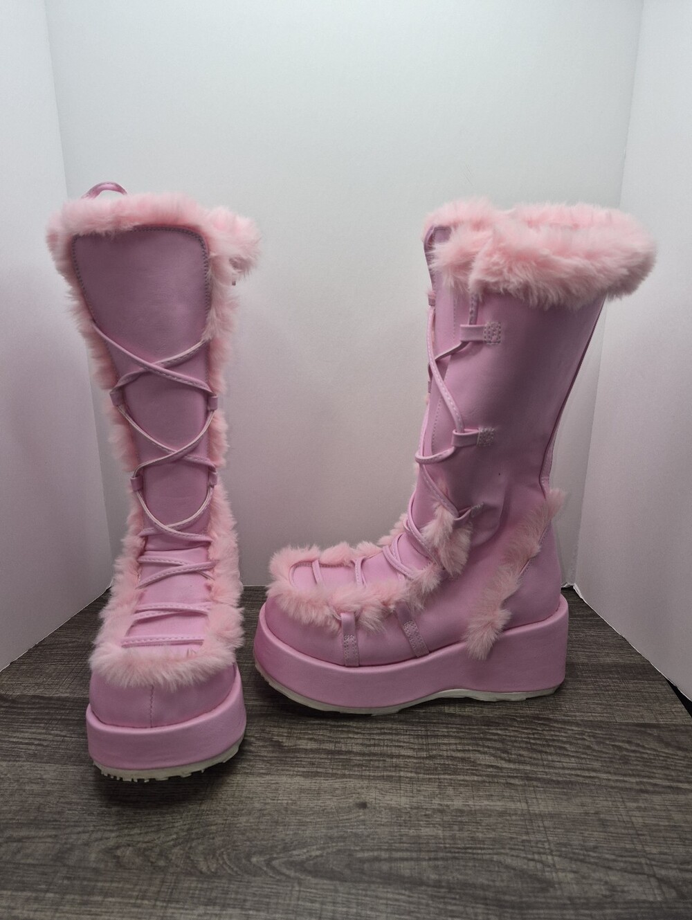 Demonia Cubby-311 Pink Platform Lace Up Fur Trim Mid Calf Boots Women's Size 8
